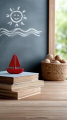 The setting features a wooden rocket ship alongside a stack of colorful books on a tabletop, complemented by a chalkboard background that enhances the educational theme.