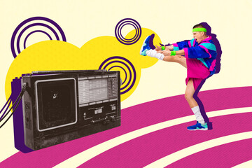 Trend artwork sketch design montage 3D collage of obsolete radio recorder young guy dance finger point weekend clubber event carefree