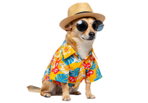 Vacation dog ready for the tropics – cool feline with sunglasses and summer vibes, isolated on a transparent background for fun designs.