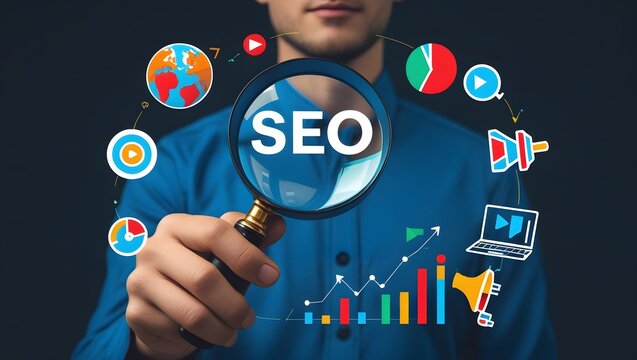 SEO Search Engine Optimization Concept. Businessman hold magnifying glass focuses highlighting SEO, surrounded by various digital marketing icons, representing search engine optimization strategies. 
