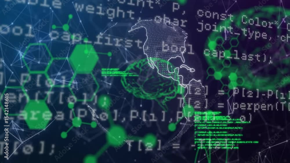 Poster white code appearing starting rotating globe expanding network forming brain for visualizing data