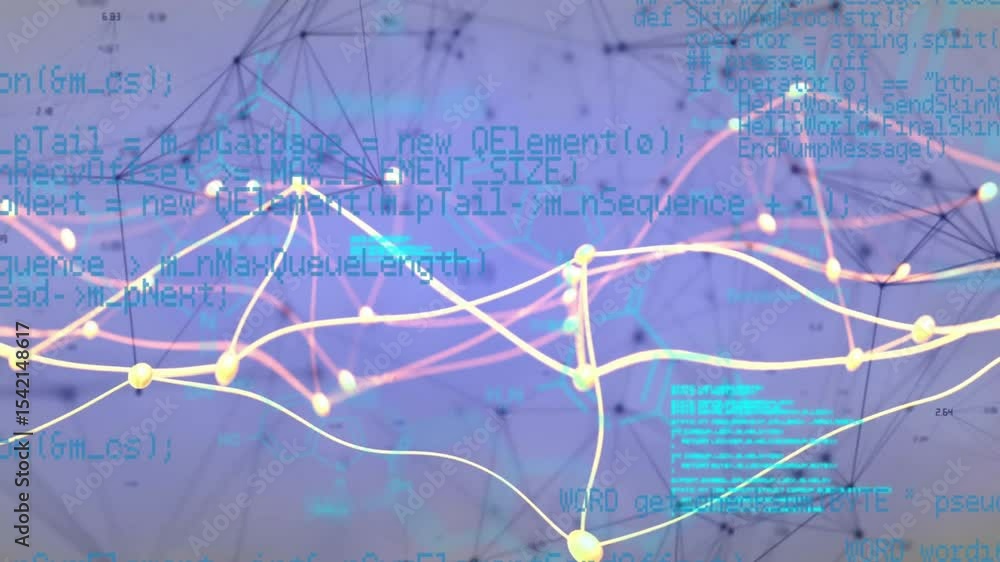 Poster opening network on violet-blue gradient, nodes moving waveforms converging code scrolling for data