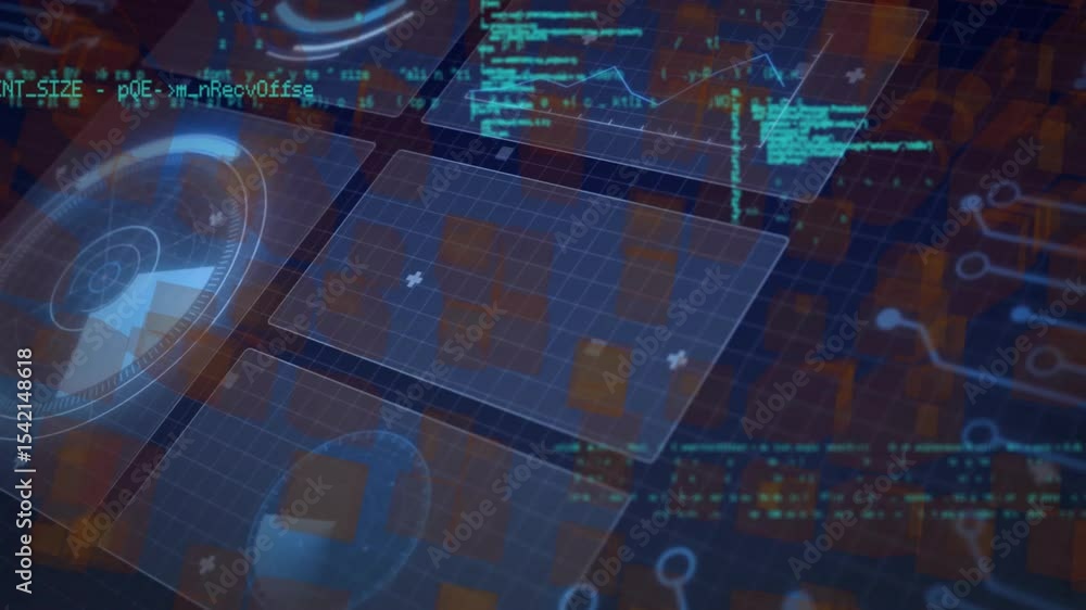 Poster dark grid plane opening starting turquoise code scrolling across 3d panels visualizing data flow