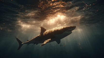 Silhouetted shark gliding through deep ocean with dramatic light rays above.