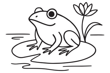 Line art drawing of a frog sitting on a lily pad near a flower