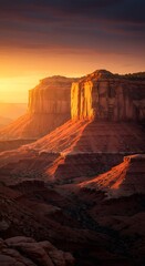 Golden sunrise lights up a majestic canyon landscape with towering sandstone cliffs and rugged terrain.
