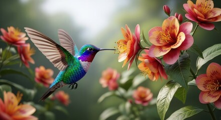 Hummingbird's Beauty Pollinating Flowers in Garden during Early Spring