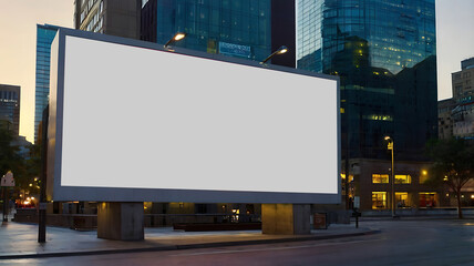 Mockup of city tech startup billboard, downtown skyscrapers, photorealistic, golden hour, 4K