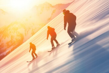 Fototapeta premium Exciting Snowboarders in Action on Snowy Mountain at Sunset
