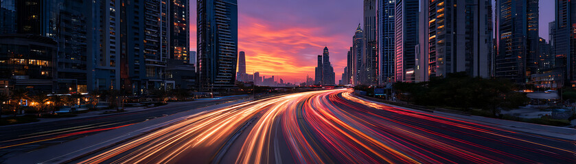 A modern cityscape with car light trails and a sunset