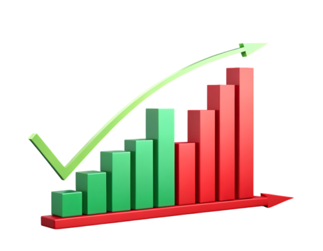 3D Growth Bar Chart with Green Upward Arrow Representing Business Success, Financial Progress, and Market Analytics on Transparent Background
