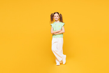 Full body little cheery fun cute kid child girl 8-9 years old wears green t-shirt hold hands...