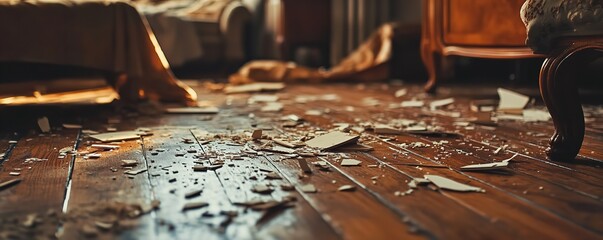 Scattered Debris on Wooden Living Room Floor – Natural Light Highlighting Broken Pieces and Emotional Contrast of Chaos and Beauty
