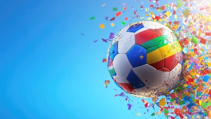 Soccer ball with national flag design erupting in colorful confetti against a vibrant blue sky