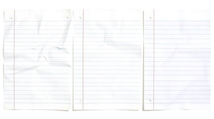 Three white, lined notebook paper sheets, one heavily crumpled, are arranged vertically side-by-side on a clean white background.