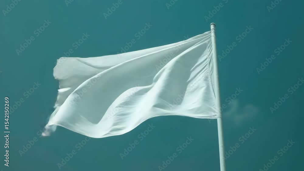 Poster a white flag is blowing in the wind. the flag is on a pole and is the only thing visible in the