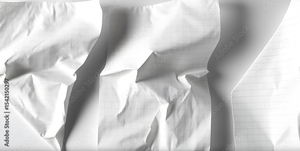 Poster three large, white crumpled paper sheets with subtle lines are placed vertically on a bright white b