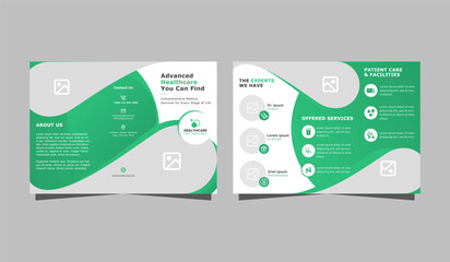 Modern medical trifold brochure design for healthcare Services. Hospital, clinic branding vector layout design. Professional brochure layout in green gradient.