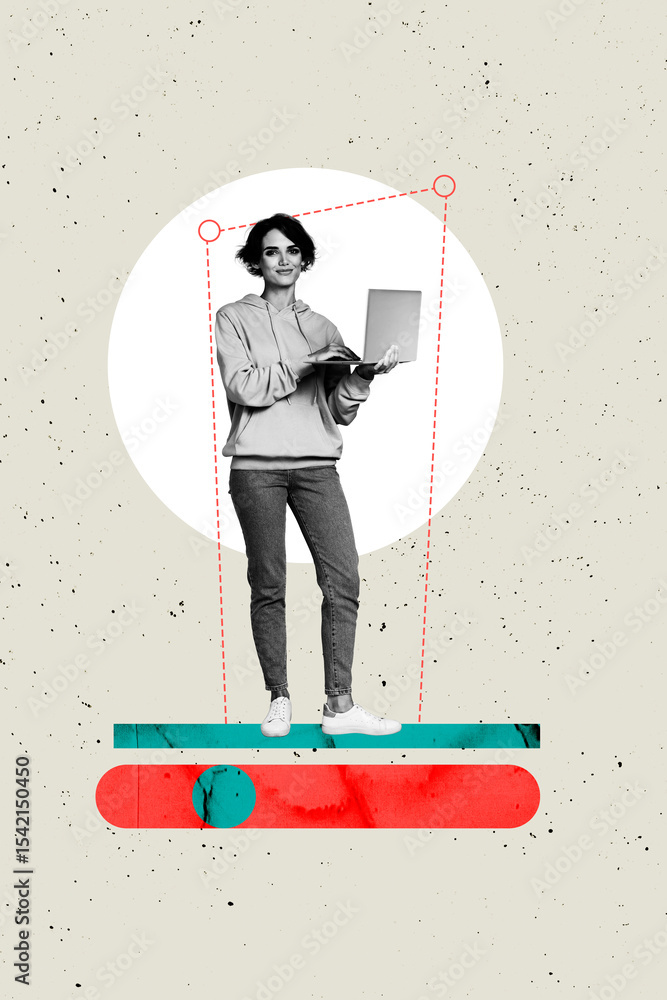 Poster sketch composite 3d photo collage trend artwork of young lady stand hand hold netbook device online 