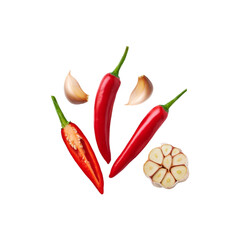 Red chili with fresh sliced garlic on transparent background