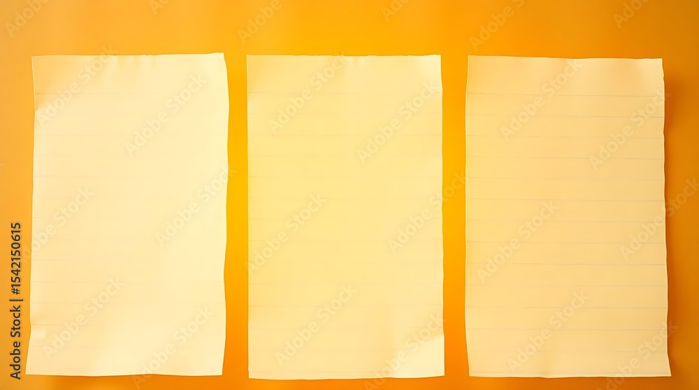 Poster three light yellow blank paper sheets are arranged vertically side-by-side on a vibrant orange backg