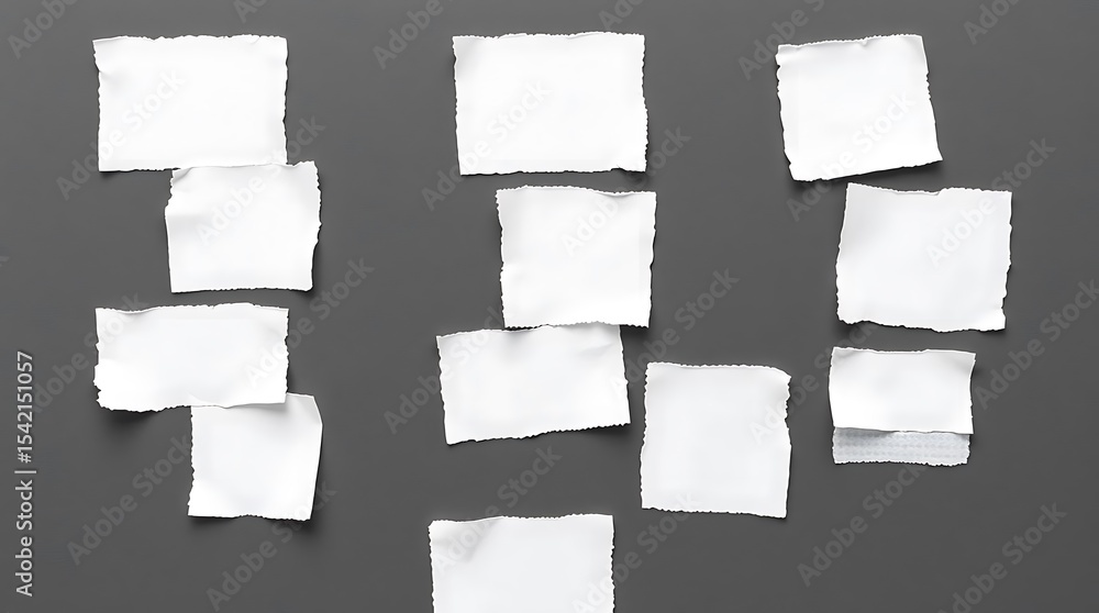 Poster several white, slightly crumpled paper squares with torn edges are scattered across a dark grey back