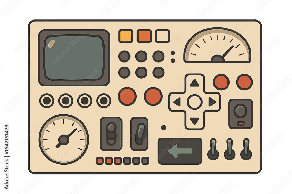 Poster control panel design with buttons, displays, and dials suitable for various machinery or electronic 