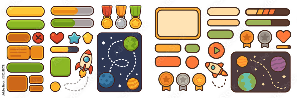 Poster graphic design elements depicting a colorful space exploration theme with rockets, planets, and awar