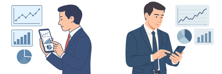 Business professionals analyze data on devices in a modern office setting during a workday