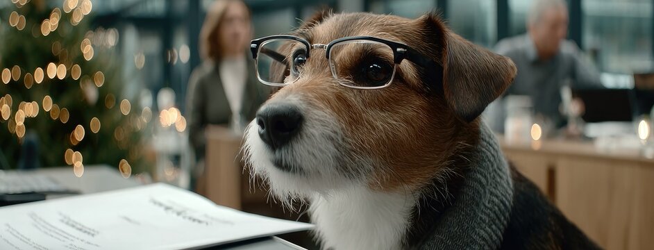 Cute white dog with glasses poses on books in front of a blackboard featuring letters and numbers, symbolizing education and learning