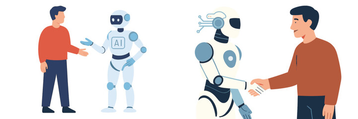 Man interacts with friendly robot in a modern setting showcasing advanced technology and collaboration between humans and machines