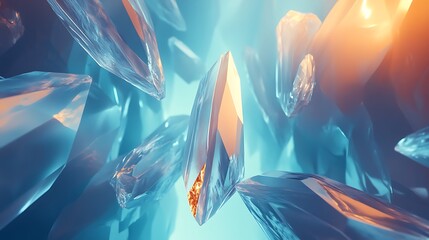 Abstract crystal formation with blue and golden light for science, geology and mineralogy