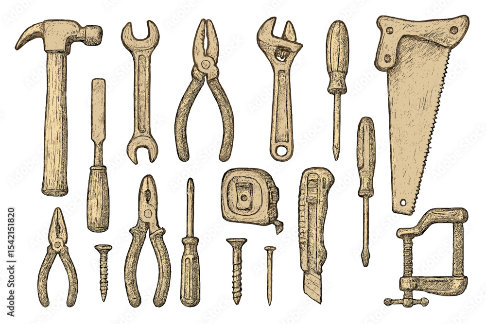 Poster collection of hand tools arranged neatly on a plain background for diy projects and construction tas