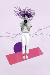 Trend art collage of person scream bullhorn with messy lines having hand gesture on pink background