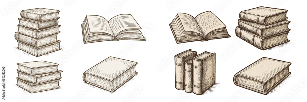 Poster vintage sketch of various book types including stacked volumes and open books displayed on a blank b