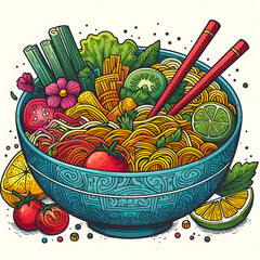 colorful chinese  bowl with  chopsticks and food