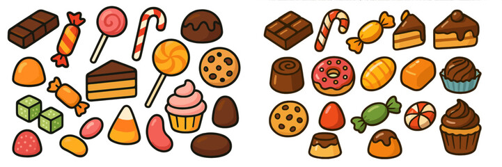 Colorful assortment of candies and desserts displayed in a cheerful layout with various sweets and treats