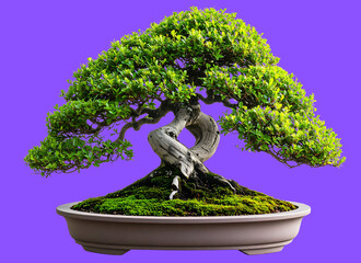 Traditional Japanese Bonsai Tree with Curved Trunk in Ceramic Pot, Transparent PNG