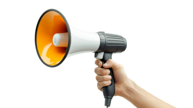 Hand holding megaphone with transparent background for easy isolation