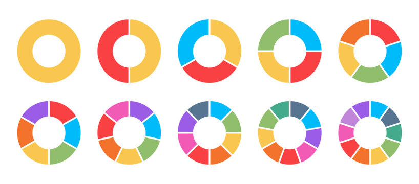 Vector donut charts in a colorful infographic set. Includes circular diagrams with 1 to 10 segments. Great for dashboards, presentations, UI design, and data visualization. Illustration on white backg