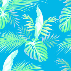 Fototapeta premium Green tropical palm leaves seamless vector pattern on the black background. Trendy summer print. 