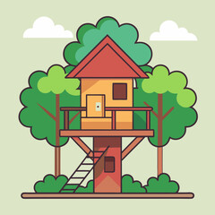 Fototapeta premium Delightful Treehouse with Ladder Among Trees and Clouds in a Stylized Setting