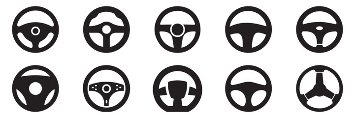 Car Steering Wheel Icons Set – Silhouette and Line Style Symbols for Vehicle Interface and UI Design