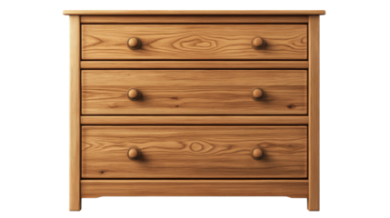 Wooden chest of drawers with three drawers on transparent background