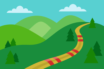 Green landscape illustration: summer road leading to mountains under a sunny sky