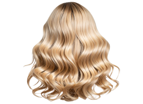  Back View of Flowing Blonde Wig with Natural Wave Pattern, Transparent PNG