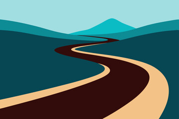 Winding asphalt road through a mountain landscape under a summer sky, leading travelers on a long journey towards the horizon