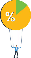 Illustrative vector graphic Businessman Hanging on Percentage Pie Chart depicting pie chart, financial risk, investment strategies, market share, growth potential, uncertainty, infographics,