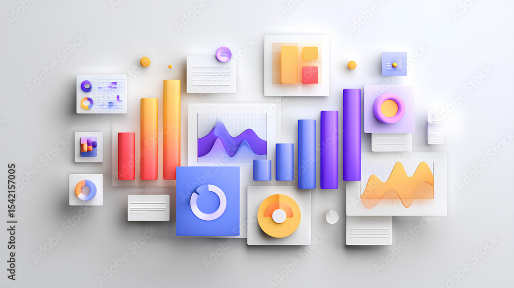 Poster abstract financial dashboard with colorful charts, graphs, and infographic elements in modern style 