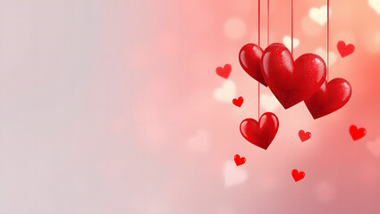 Red heart balloons floating on a pink and red gradient background for romance concepts